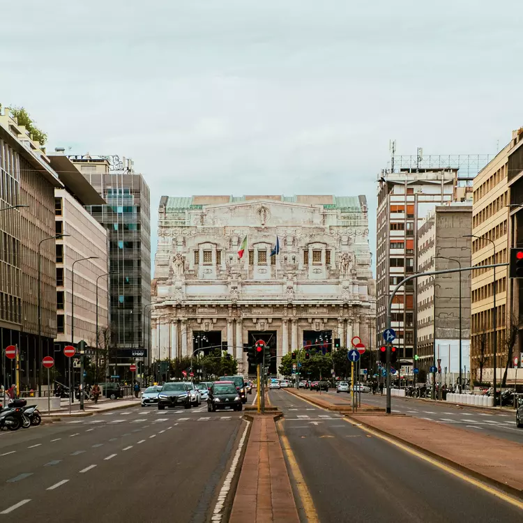 View of Milano Centrale Station through Piazza Duca d&rsquo;Aosta